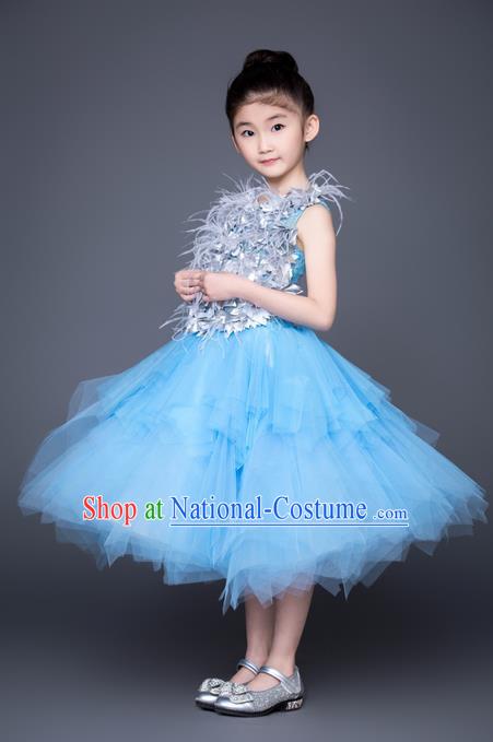 Top Grade Compere Professional Performance Catwalks Costume, Children Chorus Blue Bubble Veil Fishtail Full Dress Modern Dance Baby Princess Modern Fancywork Short Dress for Girls Kids