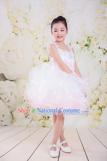 Top Grade Compere Professional Performance Catwalks Costume, Children Chorus White Veil Wedding Bubble Full Dress Modern Dance Baby Princess Modern Fancywork Short Ball Gown Dress for Girls Kids