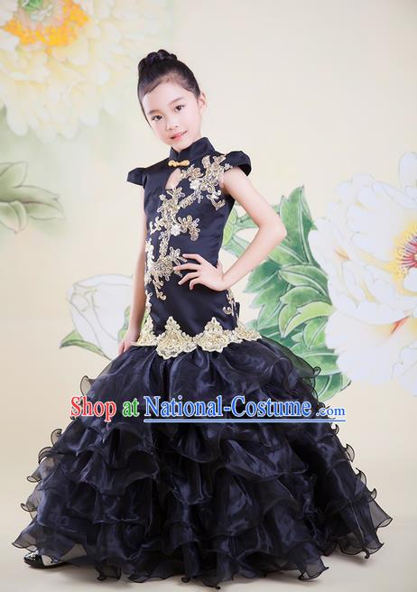 Top Grade Professional Compere Performance China Style Catwalks Costume, Children Chorus Singing Group Black Cheongsam Full Dress Modern Dance Fishtail Dress for Girls Kids