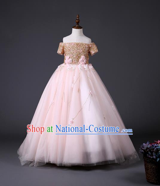 Top Grade Compere Professional Performance Catwalks Costume, Children Chorus Customize Pink Wedding Bubble Full Dress Modern Dance Baby Princess Modern Fancywork Long Dress for Girls Kids