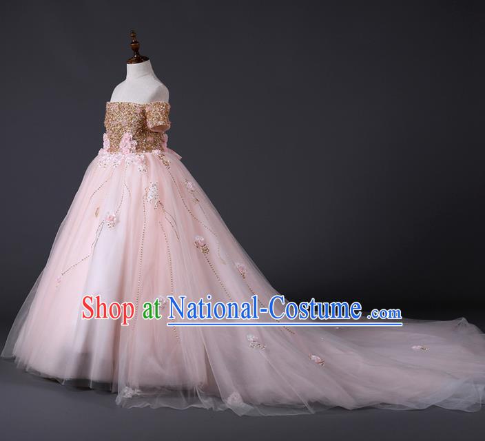 Top Grade Compere Professional Performance Catwalks Costume, Children Chorus Customize Pink Wedding Bubble Full Dress Modern Dance Baby Princess Modern Fancywork Long Trailing Dress for Girls Kids