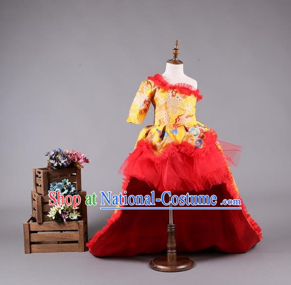 Top Grade Compere Professional Performance Catwalks Costume, China Style Tang Suit Children Chorus Customize Bubble Full Dress Modern Dance Baby Princess Modern Fancywork Long Trailing Dress for Girls Kids