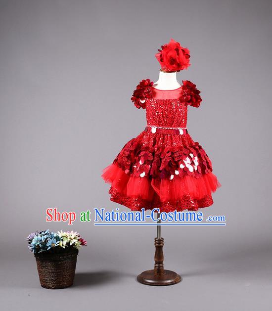 Top Grade Compere Professional Performance Catwalks Costume, Children Chorus Customize Red Paillette Bubble Full Dress Modern Dance Baby Princess Modern Fancywork Short Ball Gown Dress for Girls Kids