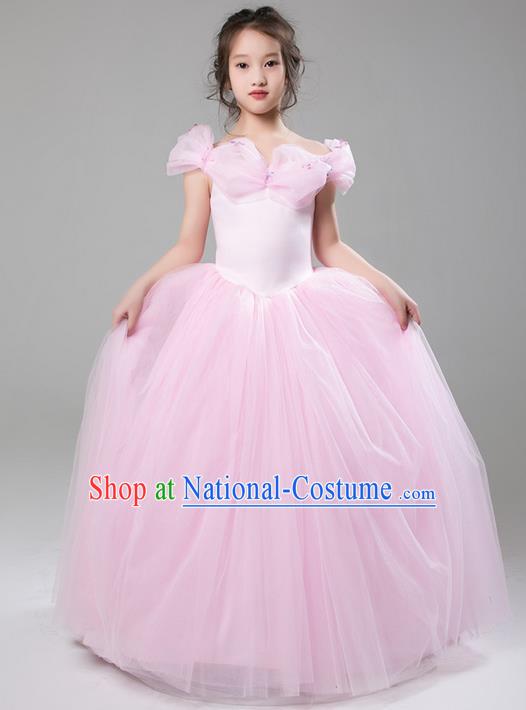 Top Grade Compere Professional Performance Catwalks Costume, Children Chorus Customize Pink Veil Cinderella Bubble Full Dress Modern Dance Baby Princess Modern Fancywork Long Ball Gown Dress for Girls Kids