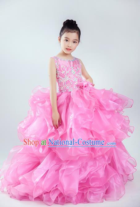 Top Grade Compere Professional Performance Catwalks Costume, Children Chorus Pink Wedding Bubble Veil Fishtail Full Dress Modern Dance Baby Princess Modern Fancywork Long Dress for Girls Kids