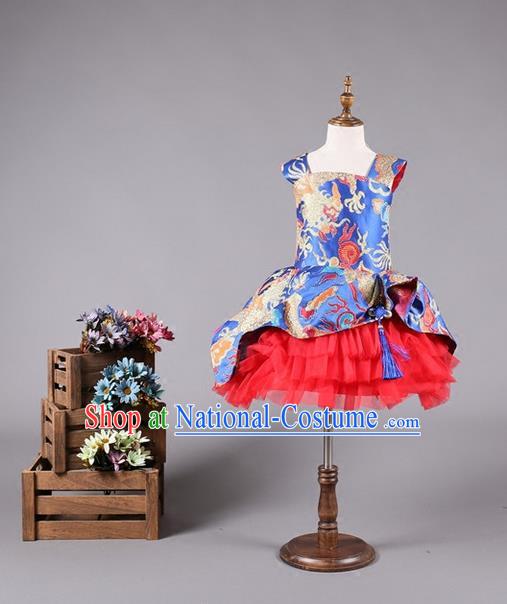 Top Grade Compere Professional Performance Catwalks Costume, China Style Tang Suit Dragon Children Chorus Customize Bubble Full Dress Modern Dance Baby Princess Modern Fancywork Short Ball Gown Dress for Girls Kids