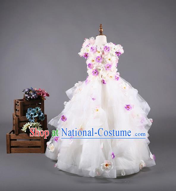 Top Grade Compere Professional Performance Catwalks Costume, Flower Faerie Children Chorus Customize White Bubble Full Dress Modern Dance Baby Princess Modern Fancywork Long Ball Gown Dress for Girls Kids