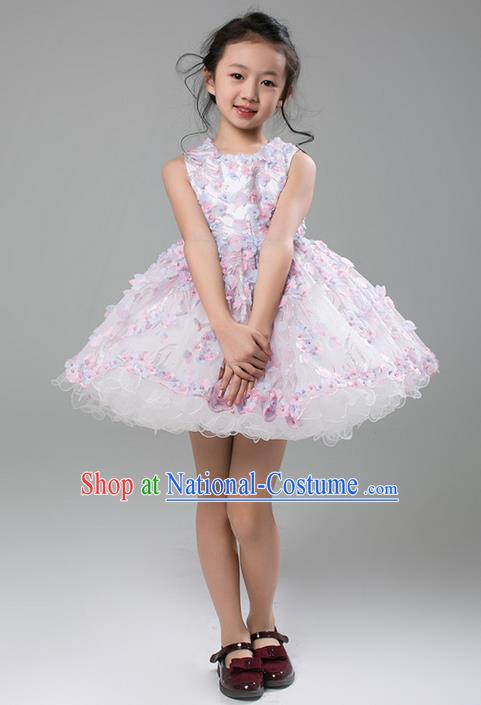 Top Grade Compere Professional Performance Catwalks Costume, Flower Faerie Children Chorus Customize White Bubble Full Dress Modern Dance Baby Princess Modern Fancywork Short Ball Gown Dress for Girls Kids