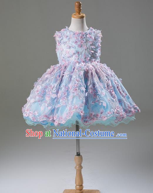 Top Grade Compere Professional Performance Catwalks Costume, Flower Faerie Children Chorus Customize Blue Bubble Full Dress Modern Dance Baby Princess Modern Fancywork Short Ball Gown Dress for Girls Kids