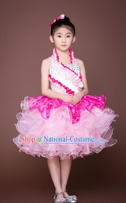 Top Grade Compere Professional Performance Catwalks Costume, Children Chorus Pink Wedding Bubble Veil Full Dress Modern Dance Baby Princess Modern Fancywork Short Dress for Girls Kids