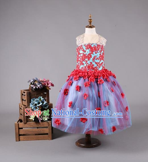 Top Grade Compere Professional Performance Catwalks Costume, Red Flower Faerie Children Chorus Customize Bubble Full Dress Modern Dance Baby Princess Modern Fancywork Short Ball Gown Dress for Girls Kids