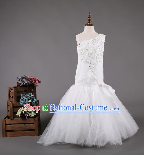 Top Grade Compere Professional Performance Catwalks Costume, Wedding White Veil Children Chorus Customize Fishtail Full Dress Modern Dance Baby Princess Modern Fancywork Mermaid Dress for Girls Kids