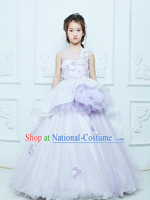 Top Grade Professional Compere Performance Catwalks Costume, Children Chorus Customize Light Purple Bubble Full Dress Modern Dance Baby Queen Modern Fancywork Long Ball Gown Dress for Girls Kids