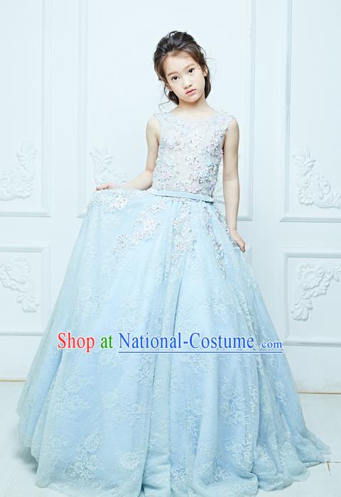 Top Grade Professional Compere Performance Catwalks Costume, Children Chorus Customize Light Blue Wedding Bubble Full Dress Modern Dance Baby Queen Modern Fancywork Long Ball Gown Dress for Girls Kids