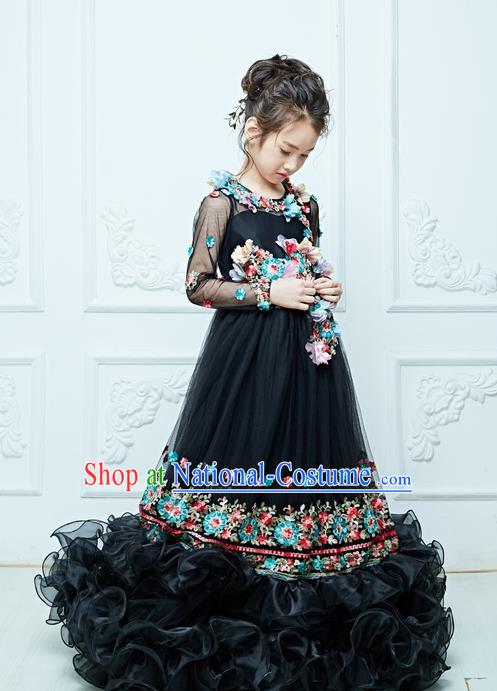 Top Grade Professional Compere Performance Catwalks Embroidery Costume, Children Chorus Customize Flower Fairy Wedding Black Veil Bubble Trailing Full Dress Modern Dance Baby Queen Modern Fancywork Long Ball Gown Dress for Girls Kids