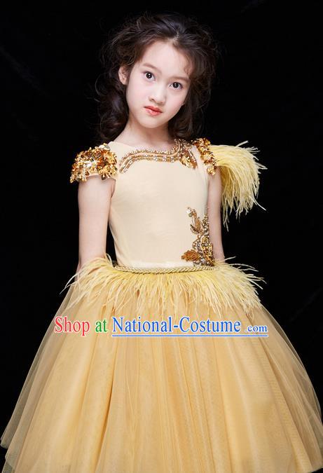 Top Grade Professional Compere Performance Catwalks Costume, Children Chorus Customize Wedding Veil Bubble Detachable Trailing Golden Full Dress Modern Dance Baby Princess Modern Fancywork Short Ball Gown Dress for Girls Kids