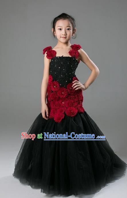 Top Grade Professional Compere Performance Catwalks Costume, Children Chorus Wedding Black Fishtail Full Dress Modern Dance Baby Princess Modern Fancywork Ball Gown Mermaid Dress for Girls Kids