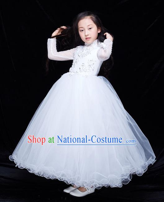 Top Grade Professional Compere Performance Catwalks Costume, Children Chorus Baby Princess Wedding White Veil Full Dress Modern Dance Modern Fancywork Ball Gown Dress for Girls Kids