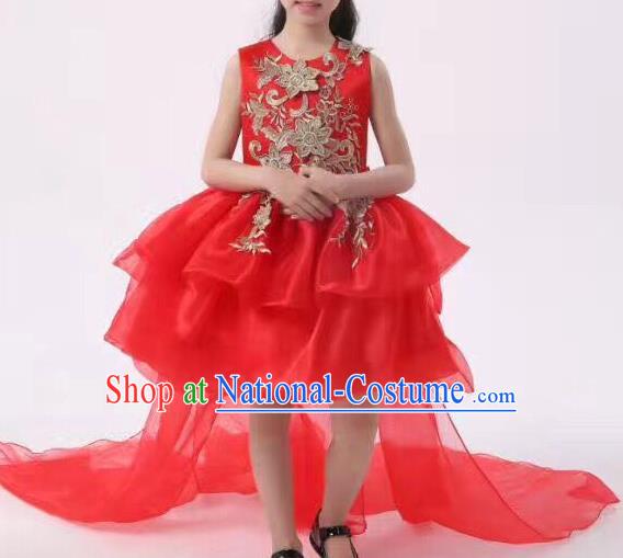 Top Grade Professional Performance Catwalks Compere Costume, Children Chorus Baby Princess Wedding Red Veil Full Dress Modern Dance Modern Fancywork Trailing Dress for Girls Kids