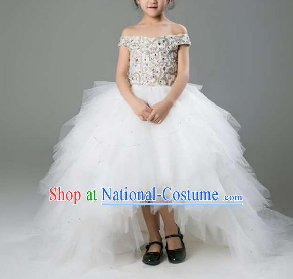 Top Grade Professional Performance Catwalks Compere Led Lights Costume, Children Chorus Baby Princess Flat Shouders Wedding Veil Full Dress Modern Dance Modern Fancywork Trailing Dress for Girls Kids