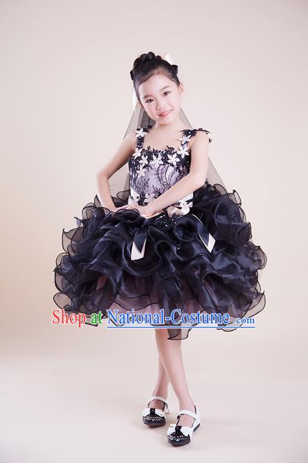 Top Grade Compere Professional Performance Catwalks Costume, Children Chorus Black Bubble Full Dress Modern Dance Baby Princess Modern Fancywork Short Dress for Girls Kids