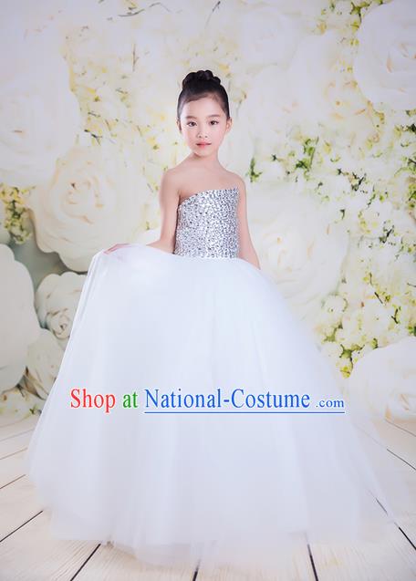 Top Grade Compere Professional Performance Catwalks Costume, Children Chorus White Veil Wedding Bubble Full Dress Modern Dance Baby Princess Modern Fancywork Long Ball Gown Dress for Girls Kids