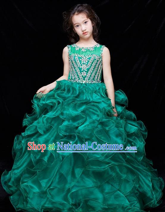 Top Grade Compere Professional Performance Catwalks Swimsuit Costume, Children Chorus Flower Faerie Customize Green Wedding Veil Bubble Full Dress Modern Dance Baby Princess Modern Fancywork Long Dress for Girls Kids