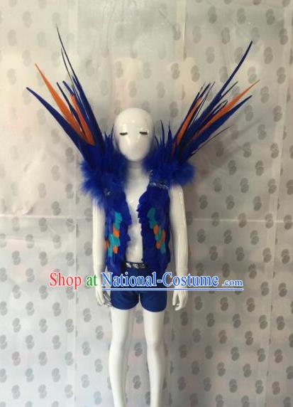 Top Grade Compere Professional Performance Catwalks Swimsuit Costume, Children Chorus Blue Feather Formal Dress Modern Dance Modern Fancywork Clothing for Boys Kids