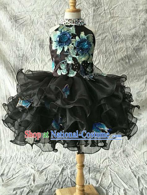 Top Grade Compere Professional Performance Catwalks Customize Costume, Children Chorus Black Bubble Full Dress Modern Dance Modern Fancywork Little Princess Short Ball Gown for Girls Kids