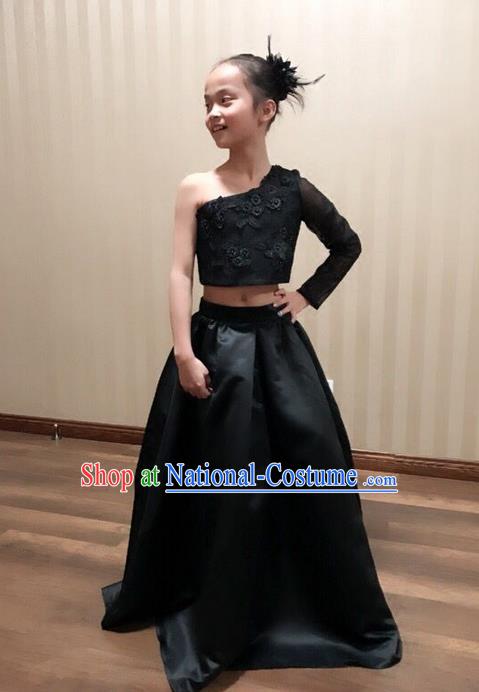 Top Grade Compere Professional Performance Catwalks Customize Costume, Children Chorus Black Full Dress Modern Dance Modern Fancywork Little Princess Long Dress Ball Gown for Girls Kids