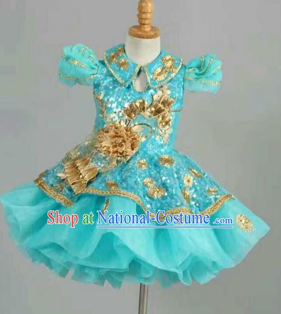 Top Grade Professional Compere Performance Catwalks Customize Costume, Children Chorus Blue Full Dress Modern Dance Modern Fancywork Little Princess Short Ball Gown for Girls Kids