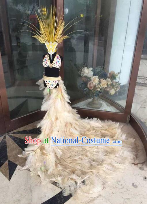 Top Grade Compere Professional Performance Catwalks Swimsuit Bikini Costume, Children Chorus Customize Feather Full Dress Modern Dance Baby Princess Modern Fancywork Long Trailing Clothing for Girls Kids