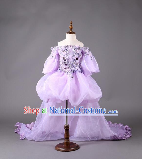 Top Grade Professional Compere Performance Catwalks Customize Costume, Children Chorus Purple Full Dress Modern Dance Modern Fancywork Little Princess Long Trailing Ball Gown for Girls Kids