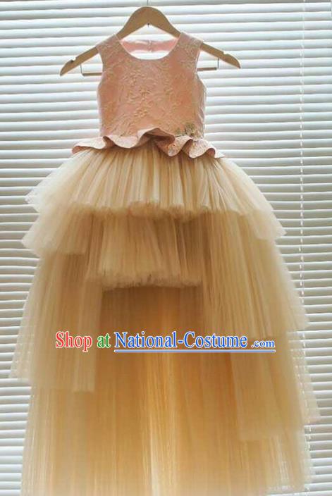 Top Grade Professional Compere Performance Catwalks Customize Costume, Children Chorus Pink Bubble Full Dress Modern Dance Modern Fancywork Little Princess Long Trailing Dress for Girls Kids