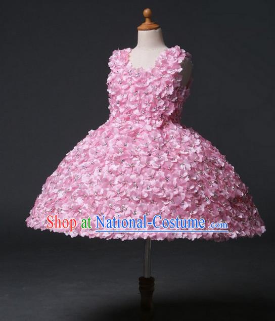 Top Grade Professional Compere Performance Catwalks Customize Costume, Children Chorus Pink Bubble Full Dress Modern Dance Modern Fancywork Little Princess Short Ball Gown for Girls Kids