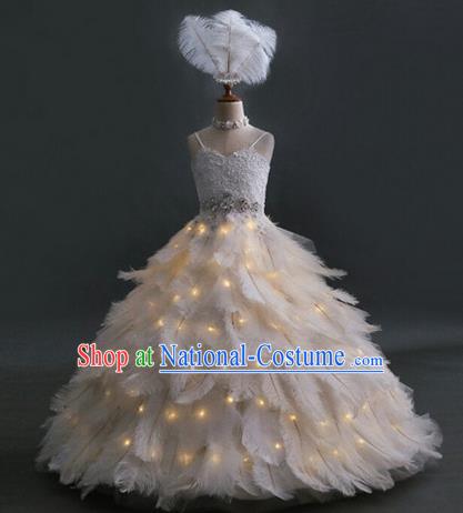 Top Grade Professional Compere Performance Catwalks Customize Feather Costume, Children Chorus Bubble Full Dress Modern Dance Modern Fancywork Little Princess Long Ball Gown for Girls Kids