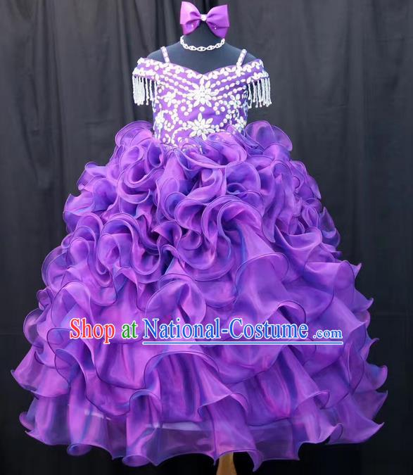 Top Grade Professional Compere Performance Catwalks Customize Feather Costume, Children Chorus Purple Bubble Full Dress Modern Dance Modern Fancywork Little Princess Long Ball Gown for Girls Kids