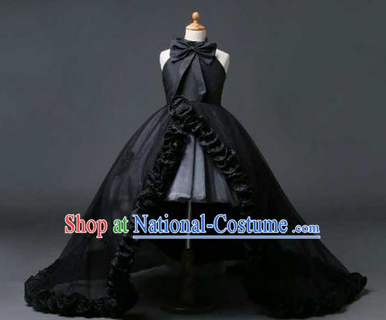 Top Grade Professional Compere Performance Catwalks Customize Feather Costume, Children Chorus Black Bubble Full Dress Modern Dance Modern Fancywork Little Princess Long Trailing Ball Gown for Girls Kids