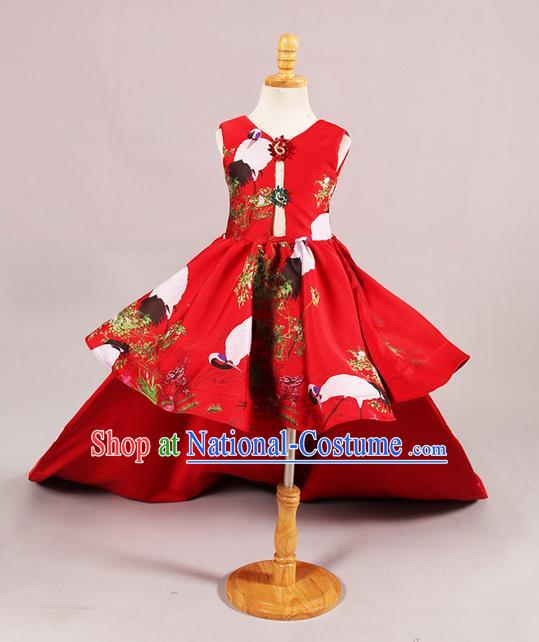 Top Grade Professional Compere Performance Catwalks Customize Costume, Children Chorus Red Full Dress Modern Dance Modern Fancywork Little Princess Long Trailing Dress for Girls Kids