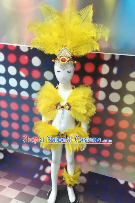 Top Grade Compere Professional Performance Catwalks Swimsuit Bikini Costume, Children Chorus Customize Yellow Feather Full Dress Modern Dance Baby Princess Modern Fancywork Long Trailing Clothing Complete Set for Girls Kids