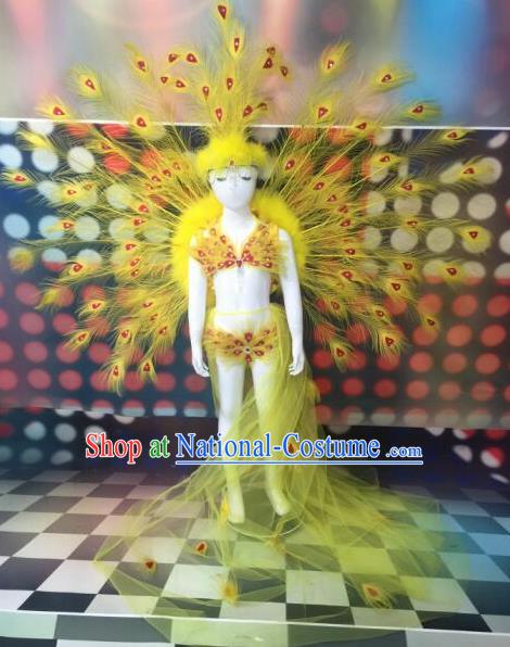 Top Grade Compere Professional Performance Catwalks Swimsuit Bikini Costume, Children Chorus Customize Yellow Peacock Feather Full Dress Modern Dance Baby Princess Modern Fancywork Long Trailing Clothing Complete Set for Girls Kids