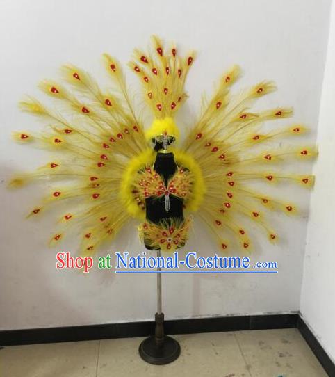 Top Grade Compere Professional Performance Catwalks Swimsuit Bikini Costume, Children Chorus Customize Yellow Peacock Feather Full Dress Modern Dance Baby Princess Modern Fancywork Clothing Complete Set for Girls Kids