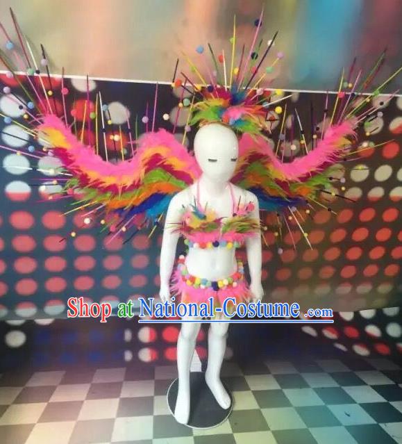 Top Grade Compere Professional Performance Catwalks Swimsuit Bikini Costume, Children Chorus Customize with Peacock Feather Wings Full Dress Modern Dance Baby Princess Modern Fancywork Clothing Complete Set for Girls Kids