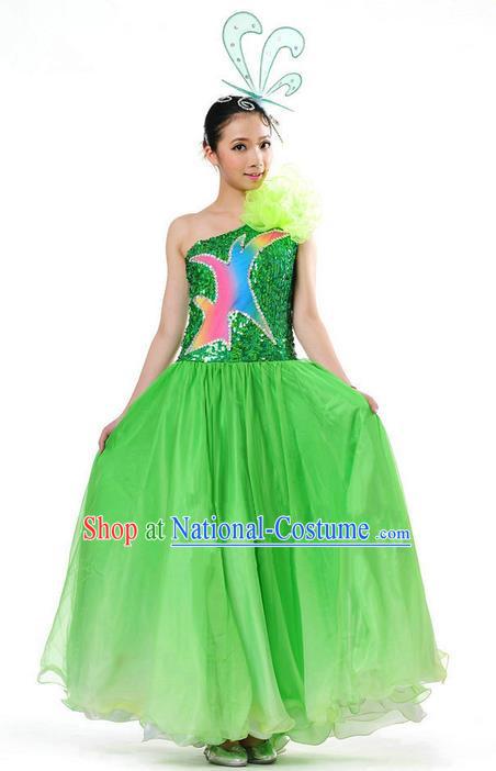 Chinese Classic Stage Performance Chorus Singing Group Dance Costumes, Opening Dance Competition Green Dress, Classic Dance Clothing for Women