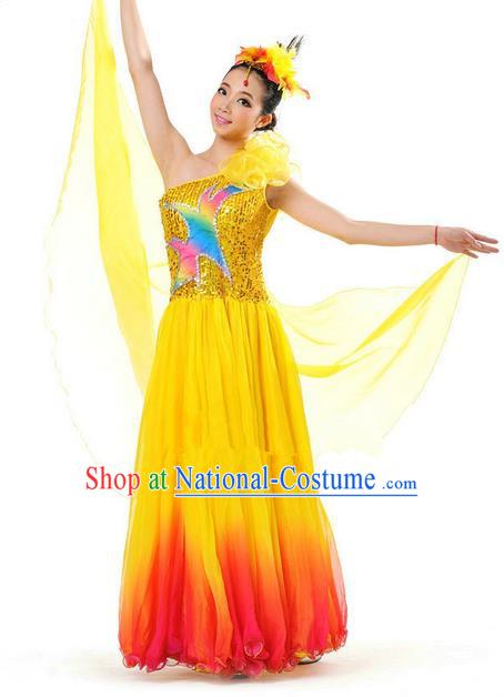 Chinese Classic Stage Performance Chorus Singing Group Dance Costumes, Opening Dance Competition Yellow Dress, Classic Dance Clothing for Women