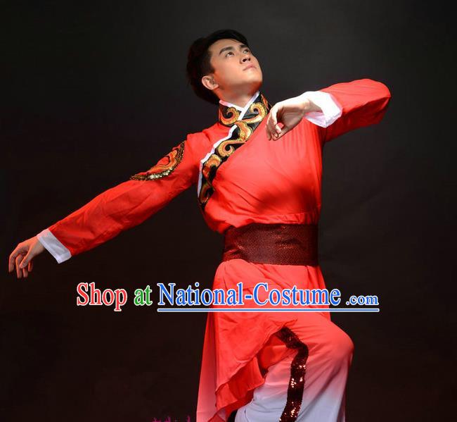 Traditional Chinese Classical Dance Yangge Fan Dance Costume, Folk Dance Drum Dance Uniform Yangko Red Clothing Complete Set for Men