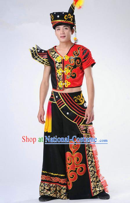 Traditional Chinese Yi Nationality Dancing Costume, Yi Nationality Male Folk Dance Clothing Complete Set, Chinese Yi Minority Nationality Embroidery Costume for Men