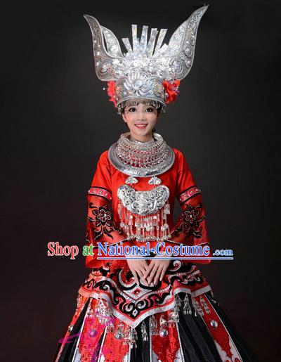 Traditional Chinese Miao Nationality Dancing Costume, Hmong Folk Dance Ethnic Costume, Chinese Miao Minority Nationality Dance Costume for Women