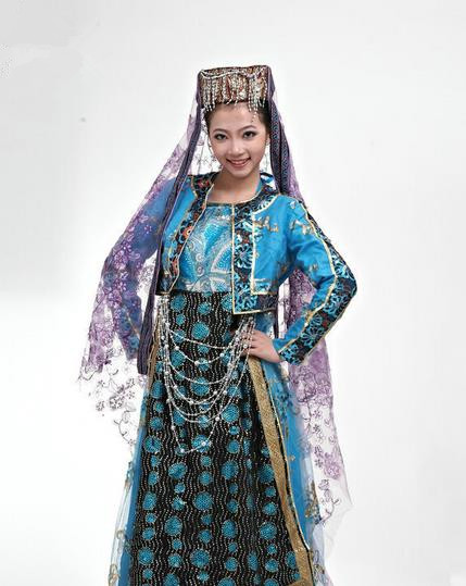 Traditional Chinese Hui Nationality Dancing Costume, Folk Dance Hui Ethnic Blue Costume, Chinese Hui Minority Nationality Uigurian Dance Costume for Women