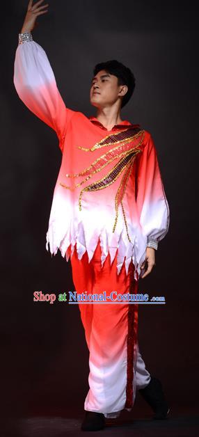 Traditional Chinese Classical Dance Yangge Lion Dance Costume, Folk Dance Drum Dance Uniform Yangko Red Clothing Complete Set for Men